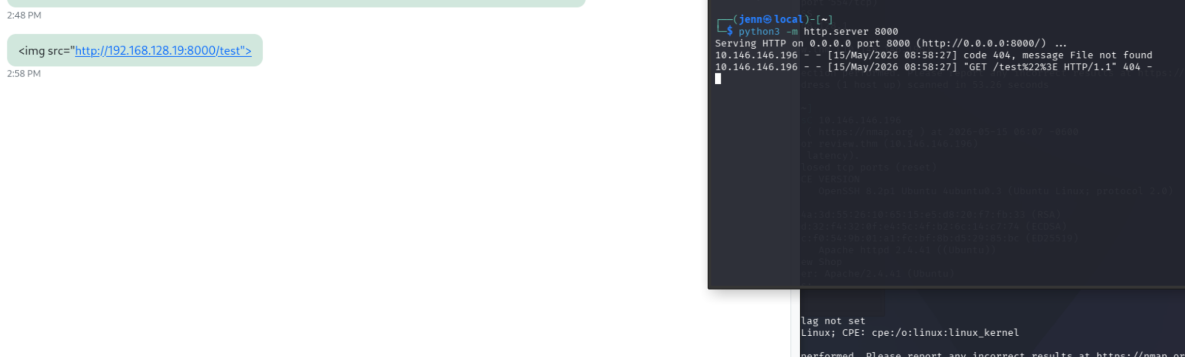 Python HTTP server showing admin bot request hitting the test URL